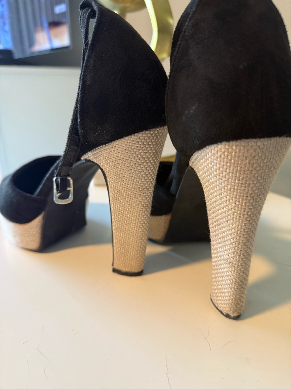 Black Suede Platform Heels with Beige Textured Heel - Women's Shoes